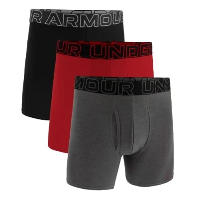 Imagen de Under Armour Men&#039;s Performance Cotton 6&quot; 3 Pack Solid Boxer Briefs, Boxers de los Hombres, Castlerock Heather/Red/Black,