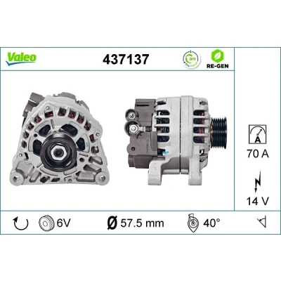 Imagen de VALEO 437137 Alternador 14V 70A CITROËN: Xsara Picasso, Berlingo / First I Furgón, I, PEUGEOT: 206 Hatchback