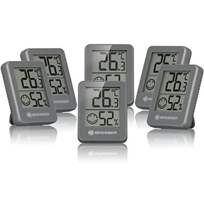Imagen de BRESSER Juego de 6 indicadores termohigrométricos Temeo Hygro pie o pared con indicador clima ambiente, negros