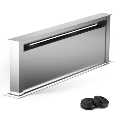Imagen de Klarstein Campana Extractora 90cm para Cocina Tiro Descendente, Extractor Recirculación 2 en 1, Flujo de Aire 576m3/h, Ventilador Campanas Extractoras con Luz LED y Panel Táctil