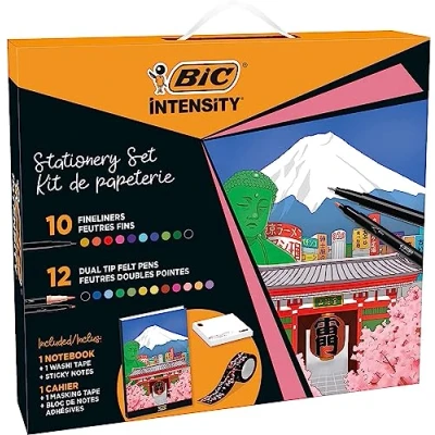 Imagen de BIC Intensity Set de Creatividad con Inspiración Japonesa, Incluye 10 Rotuladores Punta Fina, 12 Doble Punta, Cuaderno y Adornos para Agendas Proyectos Creativos. Ideal Regalo
