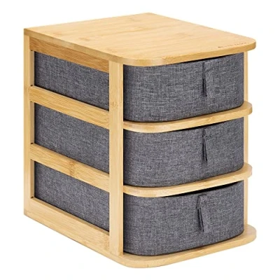 Imagen de Navaris Mini cajones para Maquillaje Organizador de bambú con 3X cajón Tela Mueble baño Escritorio tocador Joyas 23 x 17,5 22 cm