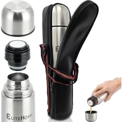 Imagen de EliteHoff termo con vaso, de acero inoxidable doble pared (350 ml, 500 750 ml o 1 L) + bolsa transporte para (plata,