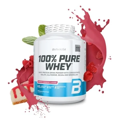 Imagen de BioTechUSA 100% Pure Whey Proteína en Polvo con BCAA y Glutamina Sin Gluten, Aceite de Palma, 2.27 kg, Tarta queso frambuesas