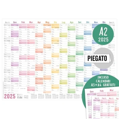Imagen de Häfft® calendario de pared 2025 A2 en italiano &quot;Rainbow&quot; (59,4 x 42 cm) plegado, planificador con días festivos italianos + A3 y A4 adicional, sostenible respetuoso el medio
