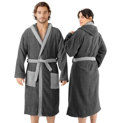 Imagen de HOMELEVEL Albornoz de rizo algodón 100%, para mujeres y hombres gris antracita/gris claro XL