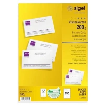 Imagen de Sigel DP839 150 Tarjetas de visita precortadas, imprimible, 85 x 55 mm, 200 g / m², blanco