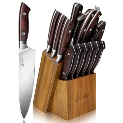 Imagen de DDF iohEF juego de cuchillos Cocina 16 Piezas con Bloque, Profesional Acero Inoxidable Afilador, chef Ultra Afilados Mango Ergonómico