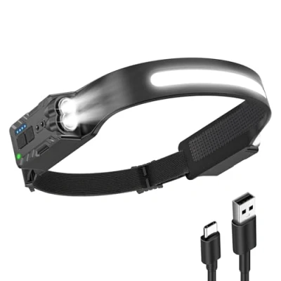 Imagen de Diboniur Linterna Frontal, Frontal LED Recargable con 8 Modos de Luz, IPX4 Impermeable Cabeza Sensor Movimiento, Ángulo amplio 340 para Camping, Correr