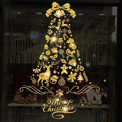 Imagen de Vicor Decoraciones navideñas para ventana, 4 hojas de calcomanías reutilizables árbol Navidad dorado decoración ventanas