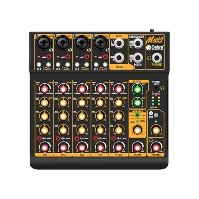 Imagen de Mini6 Mezclador de Audio Profesional para DJ 6 Canales, Interfaz USB, Bluetooth y Phantom Power 48V Ideal Streaming, Podcast Eventos en Vivo