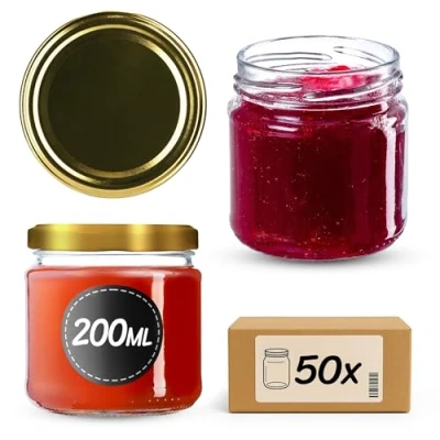 Imagen de KADAX Tarros Pequeños de 200 ml, Botes Cristal con Tapa Hermética 66 mm para Miel, Conservas, Especias y Mermeladas (50 Unidades, Dorado)