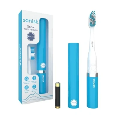 Imagen de Sonisk Pulse Cepillo de dientes eléctrico con pilas Tecnología Sonic 1 batería, 2 cabezales cepillo, 31 000 movimientos por minuto, antimicrobiano, tamaño portátil, azul brillante