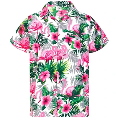 Imagen de King Kameha Funky Camisa Hawaiana, Manga Corta, Flamingo Flowers, Blanco Rosa, 4XL