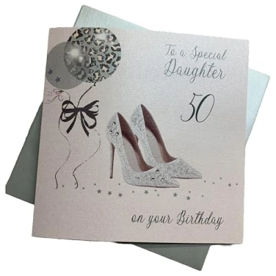 Imagen de WHITE COTTON CARDS Tarjeta cumpleaños Hecha a Mano con Texto en inglés Glitter Ball &amp; Shoes, 50 To Special Daughter On Your Birthday X50D, Algodón, Blanco, 22cm x 22xm