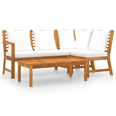 Imagen de vidaXL Muebles de Jardín 4 Piezas Cojines Mobiliario Exterior Hogar Cocina Terraza Mesa Silla Asiento Suave con Respaldo Crema Madera Maciza Acacia