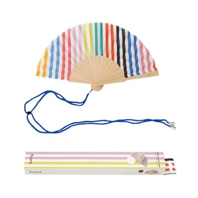 Imagen de Fisura Abanico original de rayas multicolor. madera moderno y colorido. Ventilador mano mini rosa. Colgador incluido. Medidas: 34,5 cm x 23
