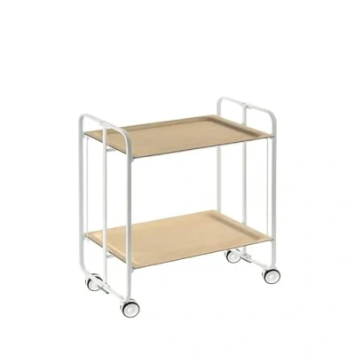Imagen de DON HIERRO Carrito auxiliar con ruedas BAUHAUS armazón metálico color blanco, 2 bandejas Haya