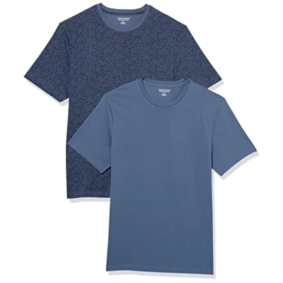 Imagen de Amazon Essentials Camiseta de Manga Corta, Cuello Redondo y Corte Ajustado Hombre, Pack 2, Azul Efecto Lavado/Azul Marino Estampado Floral, L