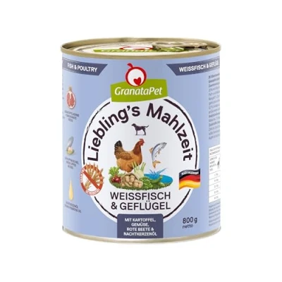 Imagen de GranataPet Comida Favorita para Pescado Blanco y Aves de Corral, húmeda Perros, Perros sin Cereales azúcares, pienso Completo, 6 x 800 g