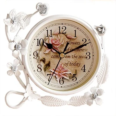 Imagen de SWHONG Flor Blanca Reloj De Mesa Digital Hierro Rustico Sala Estar Dormitorio Silencioso Escritorio Decoración del Hogar Arte
