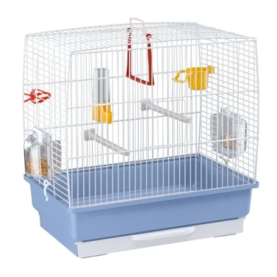 Imagen de Ferplast Jaula rectangular para pequeños pájaros exóticos y canarios REKORD 2 Con accesorios comederos giratorios, alambre pintado Blanco cubeta de plástico Azul celeste, 39 x 25 h 41 cm