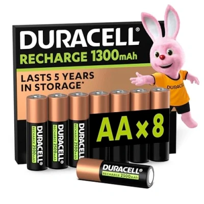 Imagen de Duracell pilas recargables AA (Paquete de 8), 1300 mAh NiMH, 2000 ciclos recarga, precargadas, gran duración, con 0% plástico 100% embalaje reciclable