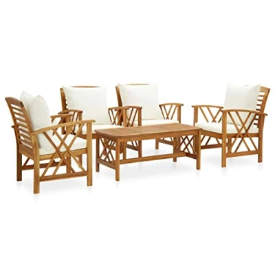 Imagen de vidaXL Muebles de Jardín 5 Piezas con Cojines Mobiliario Patio Terraza Exterior Hogar Sofá Silla Asiento Suave Robusto Madera Maciza Acacia
