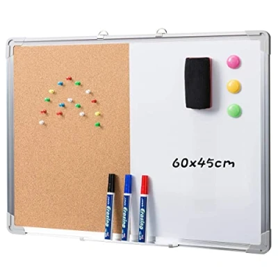 Imagen de DOEWORKS Pizarra Blanca Mixta Magnética y Corcho, Combinada Doble Uso, Tablero de Anuncios Magnético con Marco Aluminio, 60 * 45cm
