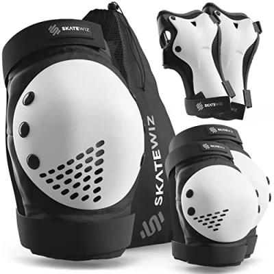 Imagen de SKATEWIZ Protecciones Patines Adulto Skate niño Rodilleras y Coderas Protectores de Rodillas para Patinaje Smash Talla L Negro Blanco