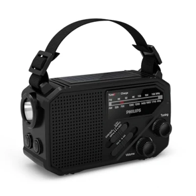 Imagen de Philips TAR1609: radio portátil FM/AM con batería interna recargable, pilas AAA y manivela de soporte, energía solar, luz LED linterna integrada para camping, senderismo o SI HAY cortes corriente