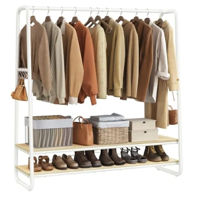 Imagen de VASAGLE Perchero Burro, Recibidor con 2 Estantes, 6 Ganchos en Forma de S, Marco Acero, 45 x 138 160 cm, para el Dormitorio, Beige Natural y Blanco Mate RGR119W09