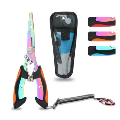 Imagen de supregear Alicates de Pesca Multicolor Acero Inoxidable, Herramienta con Anilla Partida, Removedor Anzuelos, Cortador Líneas, Funda, Lanyard, Equipo Resistente al Agua Salada, Naranja