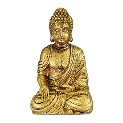 Imagen de Relaxdays Estatua Buda de Jardín, Resistente a la Intemperie y Las Heladas, Figura Sentado, 17 x 10 7cm, Dorado