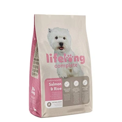 Imagen de Marca Amazon Lifelong Alimento seco completo para perros (razas pequeñas) con salmón y arroz, 3 kg (Paquete de 1)