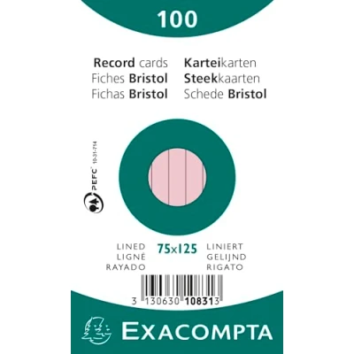 Imagen de Exacompta 10831X 100 fichas de cartulina rayadas sin perforar en papel aluminio compatible con impresoras inkjet, láser y fotocopiadoras formato 75 x 125 mm color rosa