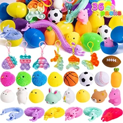 Imagen de JOYIN 36 huevos de Pascua prerellenos con juguetes alivio del estrés, 2,4 &quot;huevos plástico coloridos para suministros caza Pascua, favoritos fiesta cesta