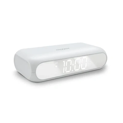 Imagen de MOOOV 477354 Reloj Despertador Digital con Espejo y Base de Carga inalámbrica, Cargador inalámbrico Cable, 2 alarmas, Blanco