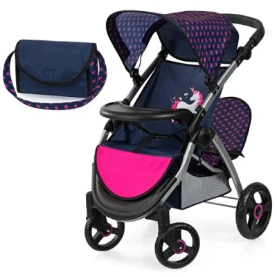 Imagen de Bayer Design 39454AA Cochecito de muñeca gemelas, Carrito Doble para muñecos, Altura Regulable, Ruedas Delanteras móviles, Bolsa