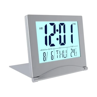 Imagen de MMOBIEL Reloj Despertador Digital LCD Alarma de Viaje Plegable con Luz Fondo Indicación Día, Fecha y Temperatura Escritorio Funciona Pilas Plata
