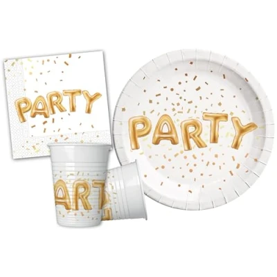 Imagen de Ciao Kit Mesa Fiesta Gold Party para 8 personas (36 pzas: platos Ø23cm, vasos, 20 servilletas) Vajilla, individual, color blanco, oro, (Y4650)
