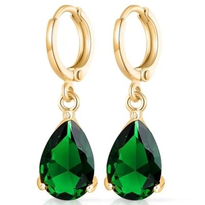 Imagen de Crystalline Azuria Mujer 18ct Chapado en Oro Lágrimas Esmeralda simulada Verde Cristales de Zirconia Pendientes Colgantes para y Niña