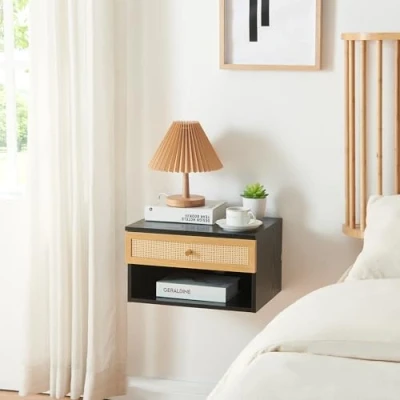 Imagen de [en.casa] Estantería de Pared Eiker Mesita Noche con Cajón y Compartimento Abierto Estante Flotante Pasacables para Dormitorio Baño Salón Aglomerado 40 x 32 23 cm Negro
