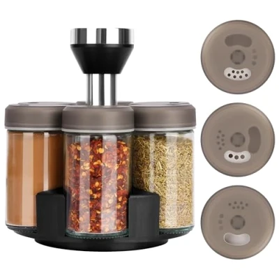 Imagen de BELLE VOUS Soporte Organizador Especias Giratorio 360 Grados con 6 Botes de Vidrio Tapas Grises Especiero para cocina Estante Especias, Hierbas, Condimentos
