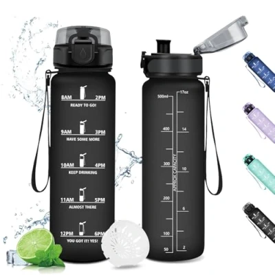 Imagen de Botella Agua 500ml, Motivadora, Gimnasio Prueba de Fugas, sin BPA, Reutilizable Cantimplora para Niños, Colegio, Gimnasio, Oficina, Bicicleta, Gym, Fitness, Yoga, Escuela