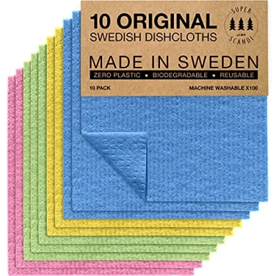 Imagen de SUPERSCANDI Bayeta Sueca Super Absorbente, Reutilizable Y Ecologica Paños De Cocina Biodegradables Celulosa Algodón Trapo Cocina, Limpieza Pack x10, Multicolor