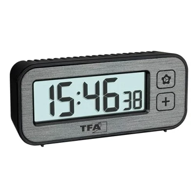 Imagen de TFA Dostmann Mini Despertador Digital con Interruptor de Temperatura y Humedad, 60.2039.10, valores máximos mínimos, Alarma Reloj Cuarzo, pequeño sin tictac, Color Gris