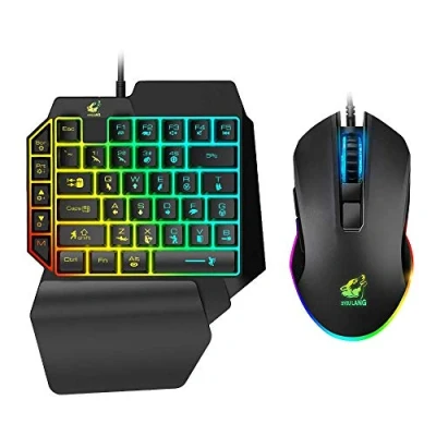 Imagen de Combo de teclado y ratón para juegos una mano, con cable 39 teclas, sensación mecánica arco iris retroiluminado reposamuñecas PC/Xbox/PS4 sola mano RGB Gaming