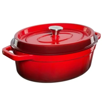 Imagen de GRAND FEU Cazuela de hierro fundido esmaltado con tapa y asas anchas Cacerola ovalada diseño elegante para preparar las más deliciosas avenas, sopas, salsas guisos Capacidad 5,6L, Rojo