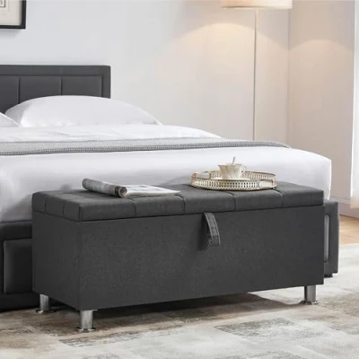 Imagen de Vida Designs Valencia Otomana de Almacenamiento, baúl Tela con Tapa, Asiento, Taburete, Banco Ventana, baúl, Caja Almacenamiento Juguetes, puffee, reposapiés, Lino Gris Oscuro